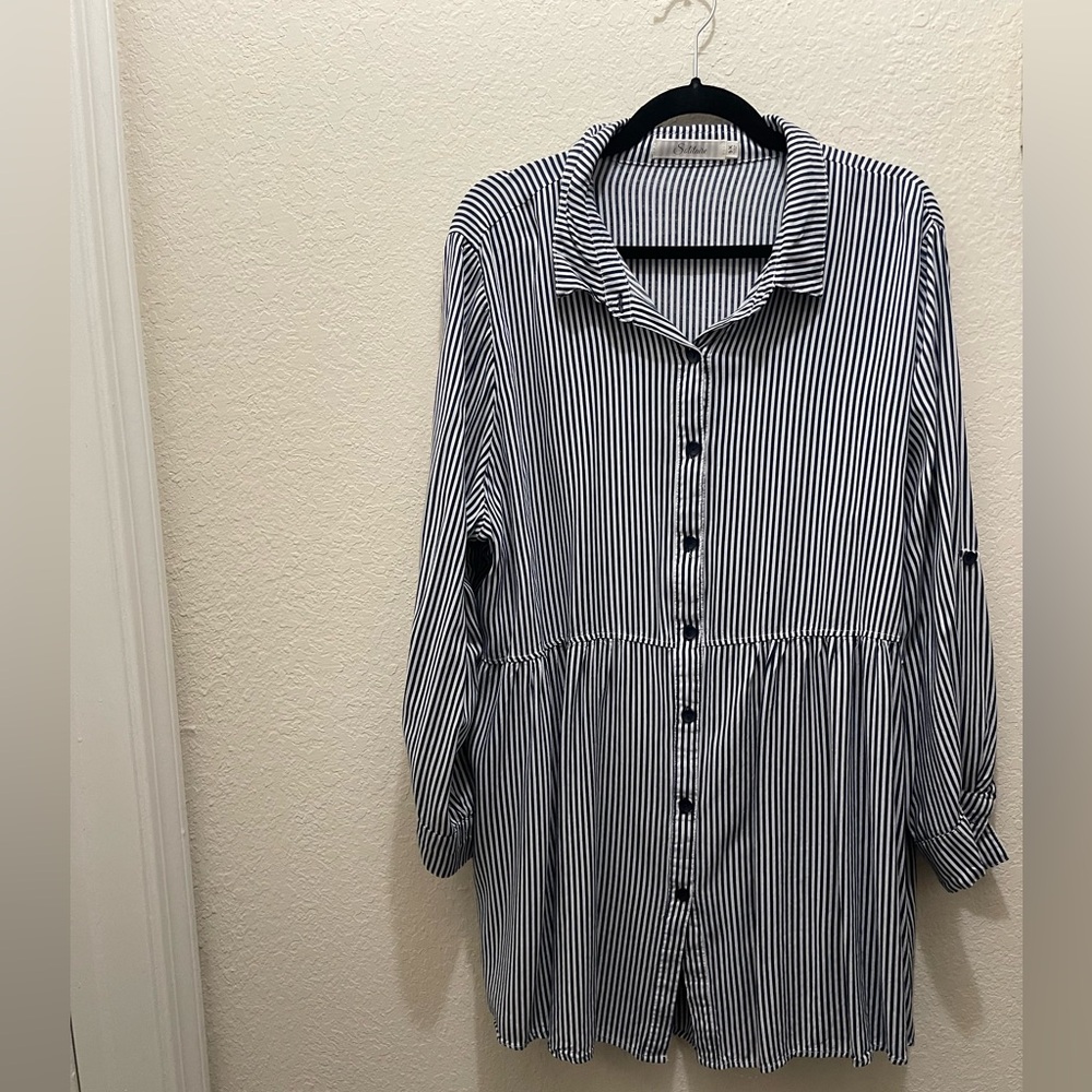 Solitaire Navy and White Striped Button-Up Shirt